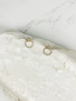 Crystal Crown Stud Earrings - Gold