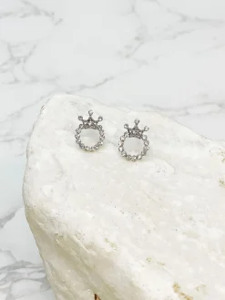 Crystal Crown Stud Earrings - Silver