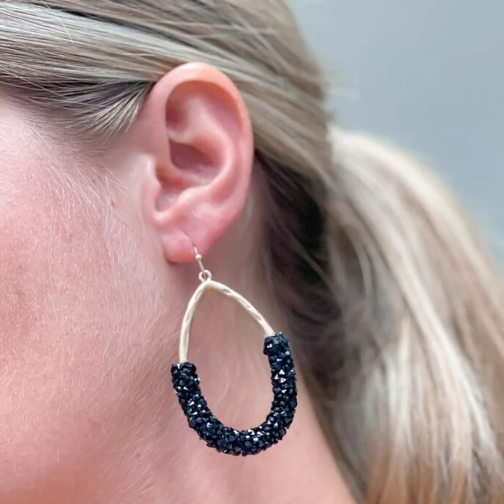 Crystal Encrusted Gold Teardrop Dangle Earrings - Black