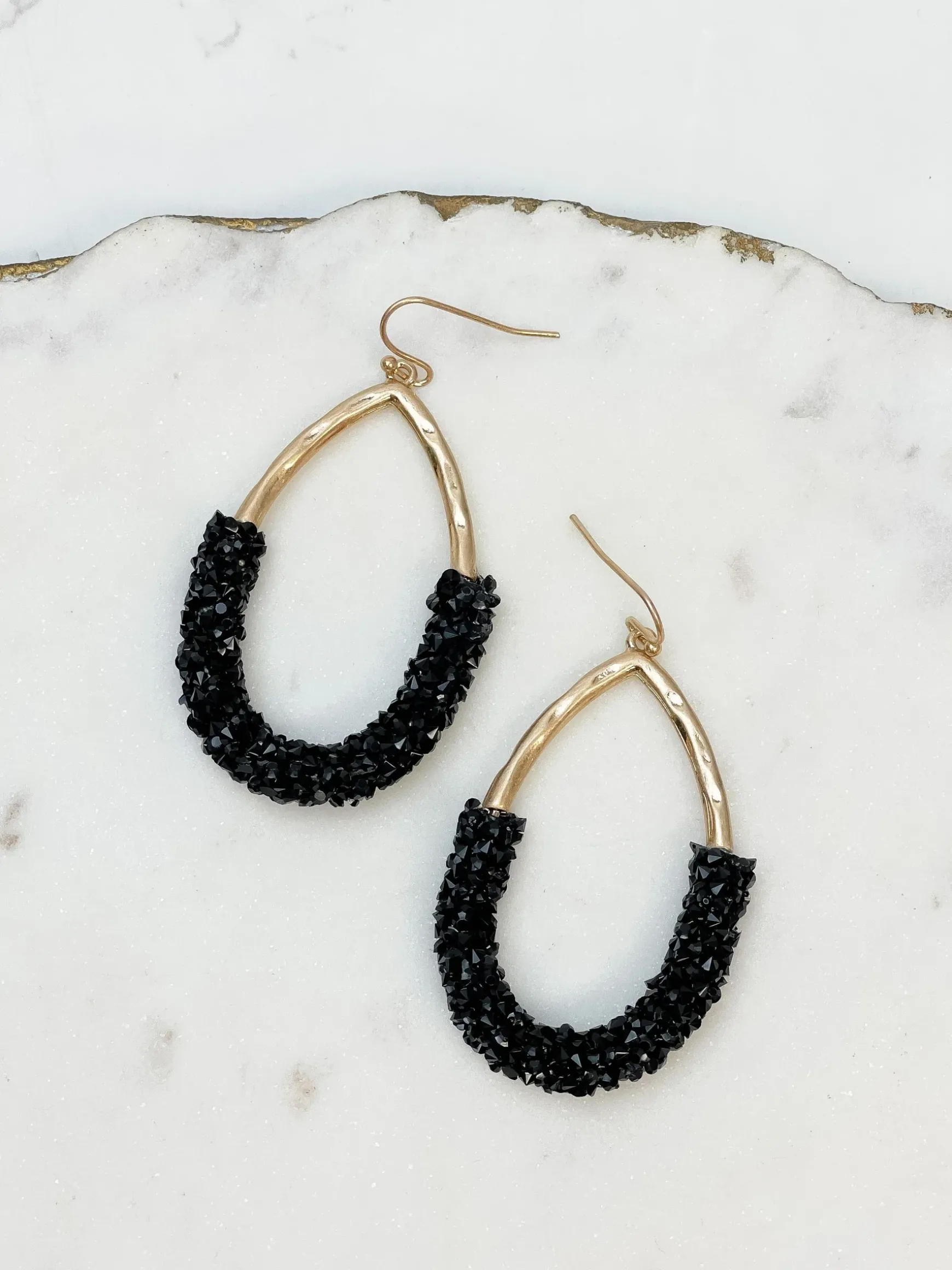 Crystal Encrusted Gold Teardrop Dangle Earrings - Black