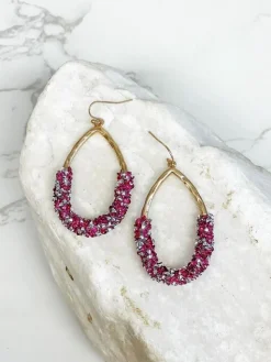 Crystal Encrusted Gold Teardrop Dangle Earrings - Fuchsia