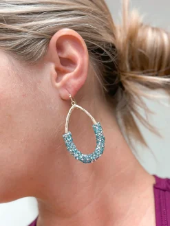 Crystal Encrusted Gold Teardrop Dangle Earrings - Blue