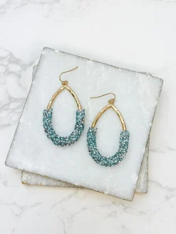 Crystal Encrusted Gold Teardrop Dangle Earrings - Blue