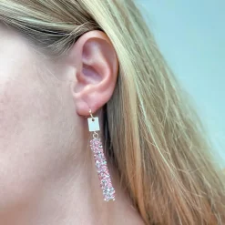 Crystal Encrusted Straight Dangle Earrings - Pink