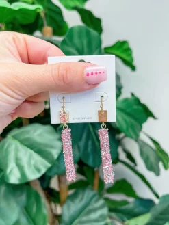 Crystal Encrusted Straight Dangle Earrings - Pink