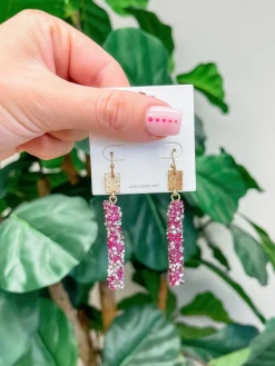 Crystal Encrusted Straight Dangle Earrings - Fuchsia