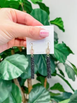 Crystal Encrusted Straight Dangle Earrings - Black