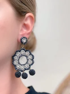 Crystal Flower Beaded Dangle Earrings - Pewter