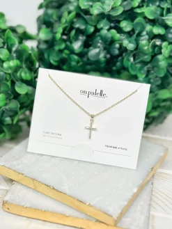 Cubic Zirconia Cross Pendant Necklace - Gold