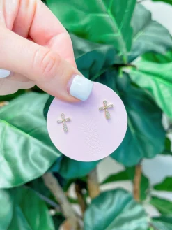Cubic Zirconia Cross Stud Earrings - Gold