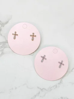 Cubic Zirconia Cross Stud Earrings - Gold