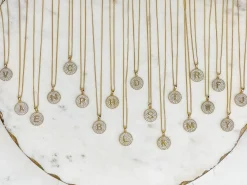 Cubic Zirconia Initial Disc Pendant Necklaces - Gold