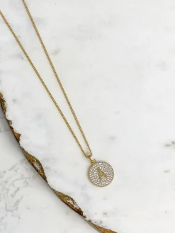 Cubic Zirconia Initial Disc Pendant Necklaces - Gold