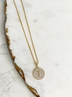 Cubic Zirconia Initial Disc Pendant Necklaces - Gold