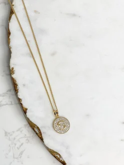 Cubic Zirconia Initial Disc Pendant Necklaces - Gold