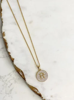 Cubic Zirconia Initial Disc Pendant Necklaces - Gold