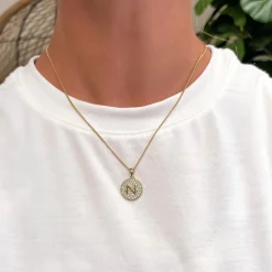 Cubic Zirconia Initial Disc Pendant Necklaces - Gold