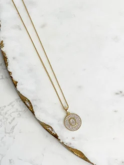 Cubic Zirconia Initial Disc Pendant Necklaces - Gold