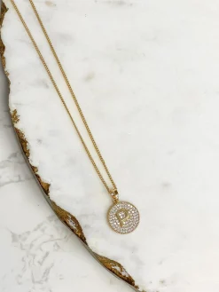 Cubic Zirconia Initial Disc Pendant Necklaces - Gold