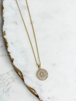 Cubic Zirconia Initial Disc Pendant Necklaces - Gold