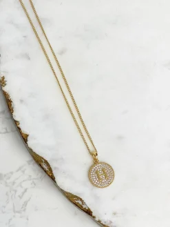 Cubic Zirconia Initial Disc Pendant Necklaces - Gold