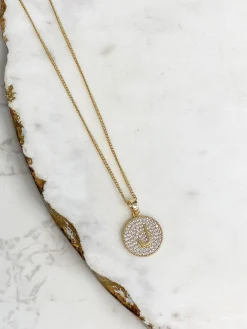 Cubic Zirconia Initial Disc Pendant Necklaces - Gold