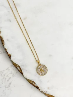 Cubic Zirconia Initial Disc Pendant Necklaces - Gold