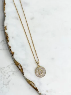 Cubic Zirconia Initial Disc Pendant Necklaces - Gold