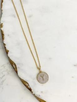 Cubic Zirconia Initial Disc Pendant Necklaces - Gold