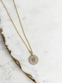Cubic Zirconia Initial Disc Pendant Necklaces - Gold
