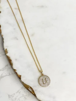 Cubic Zirconia Initial Disc Pendant Necklaces - Gold