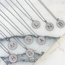 Cubic Zirconia Initial Disc Pendant Necklaces - White Gold