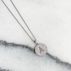 Cubic Zirconia Initial Disc Pendant Necklaces - White Gold