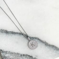 Cubic Zirconia Initial Disc Pendant Necklaces - White Gold