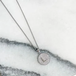 Cubic Zirconia Initial Disc Pendant Necklaces - White Gold