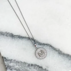 Cubic Zirconia Initial Disc Pendant Necklaces - White Gold