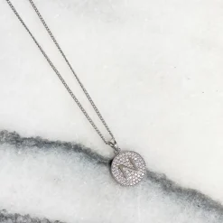 Cubic Zirconia Initial Disc Pendant Necklaces - White Gold