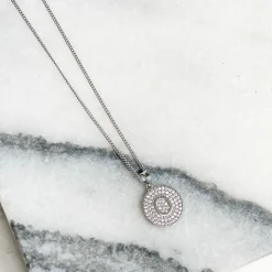 Cubic Zirconia Initial Disc Pendant Necklaces - White Gold