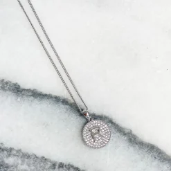 Cubic Zirconia Initial Disc Pendant Necklaces - White Gold