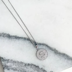 Cubic Zirconia Initial Disc Pendant Necklaces - White Gold