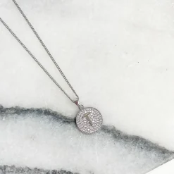 Cubic Zirconia Initial Disc Pendant Necklaces - White Gold