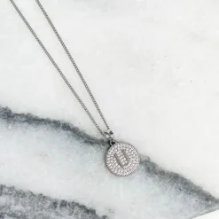 Cubic Zirconia Initial Disc Pendant Necklaces - White Gold