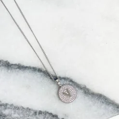 Cubic Zirconia Initial Disc Pendant Necklaces - White Gold