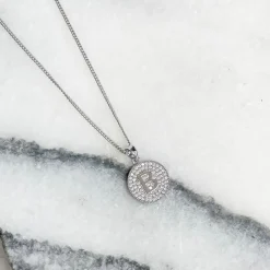 Cubic Zirconia Initial Disc Pendant Necklaces - White Gold