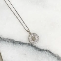 Cubic Zirconia Initial Disc Pendant Necklaces - White Gold