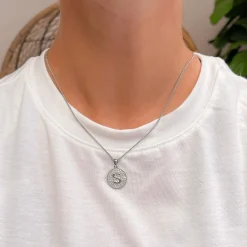 Cubic Zirconia Initial Disc Pendant Necklaces - White Gold