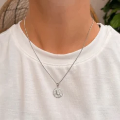 Cubic Zirconia Initial Disc Pendant Necklaces - White Gold
