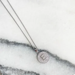 Cubic Zirconia Initial Disc Pendant Necklaces - White Gold