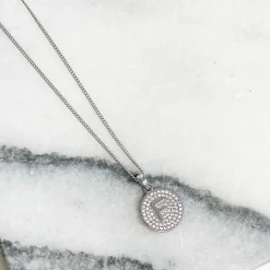 Cubic Zirconia Initial Disc Pendant Necklaces - White Gold