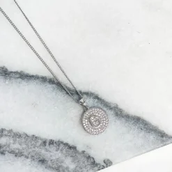 Cubic Zirconia Initial Disc Pendant Necklaces - White Gold